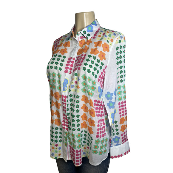 Talbots Shirt Womens Medium White Multicolor Floral Dot Button Down Long Sleeve - Picture 3 of 12